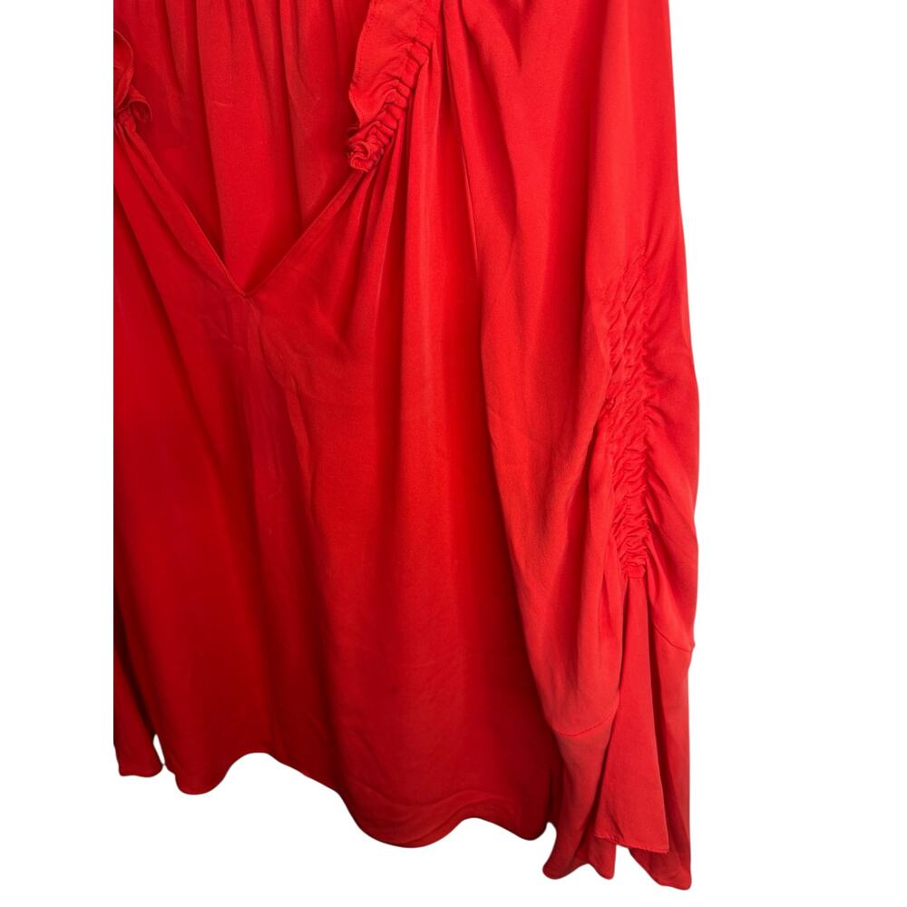 KOBI HALPERIN Carolina V-Neck Shirred Sleeve Silk Blouse Size M Red Ruffle Neck - Picture 5 of 8